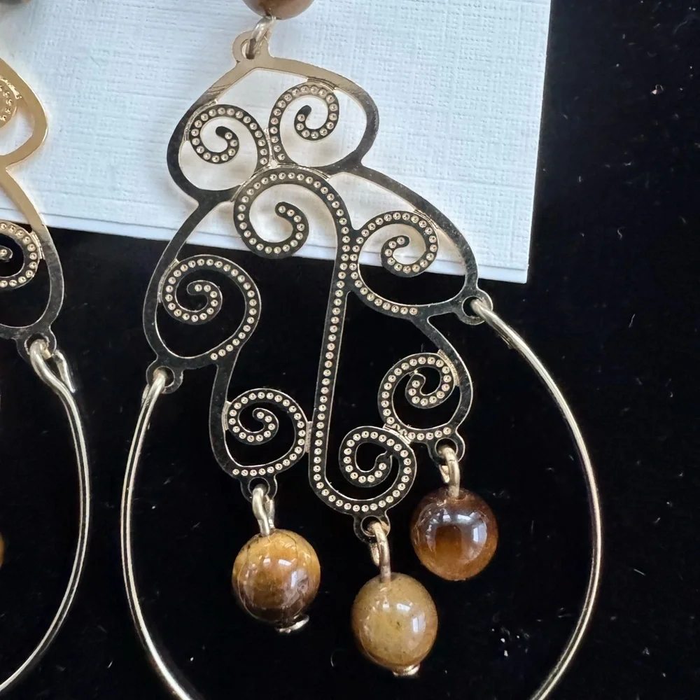 Vintage Gold Filigree Tigers Eye Teardrop Earrings